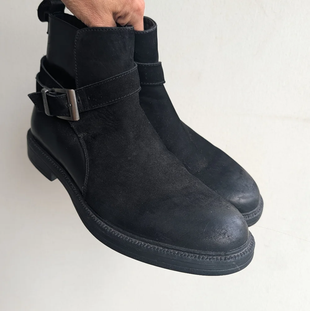 Karl Lagerfeld Paris Black suede and leather Harness with Buckle ankle Boots 9